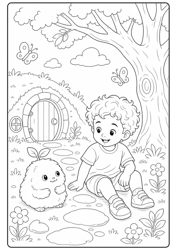 Página para colorir com João no estilo Studio Ghibli